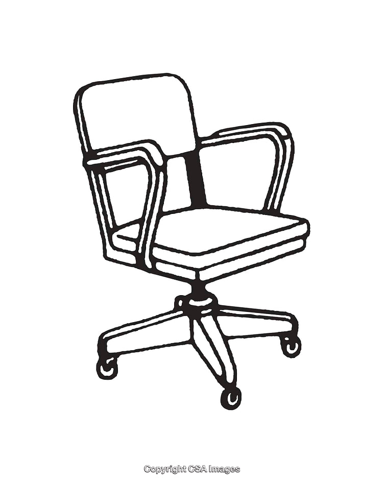 Black and White Line Art of Office Chair with Armrests and Casters