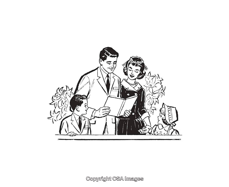 Vintage Black and White Illustration of a Happy Family Gathering Together