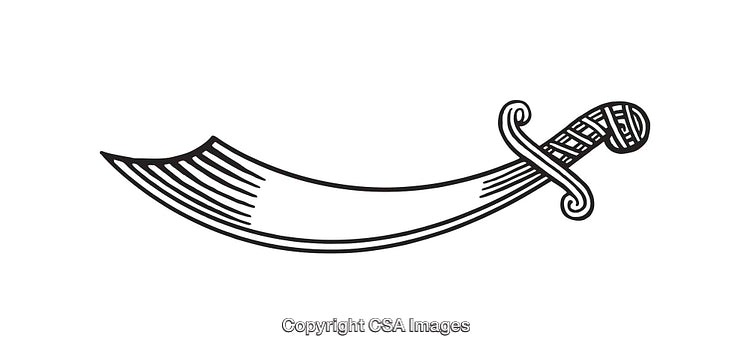 Black and White Line Art Illustration of a Curved Sword Design
