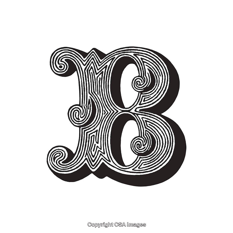 Ornate Letter B with Swirling Decorative Patterns in Black and White