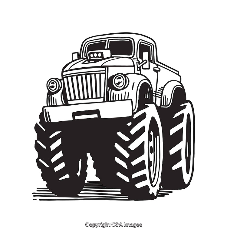 Monochrome Line Art of a Monster Truck with Oversized Tires