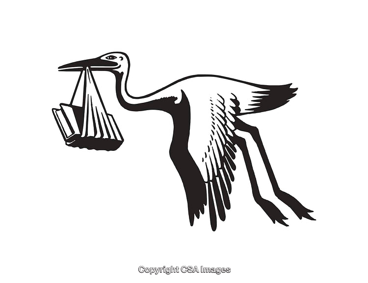 Black And White Line Art of a Stork Carrying a Bundle Symbolizing Delivery