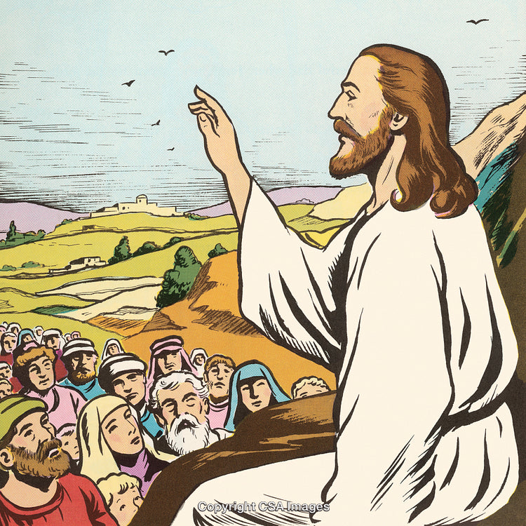 Illustration of a Teacher Addressing Followers in a Pastoral Setting