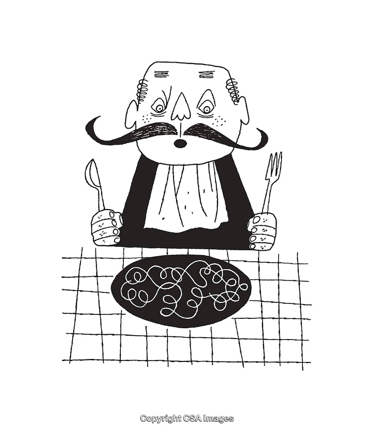 Black And White Illustration of Man Enjoying Pasta With Fork and Knife