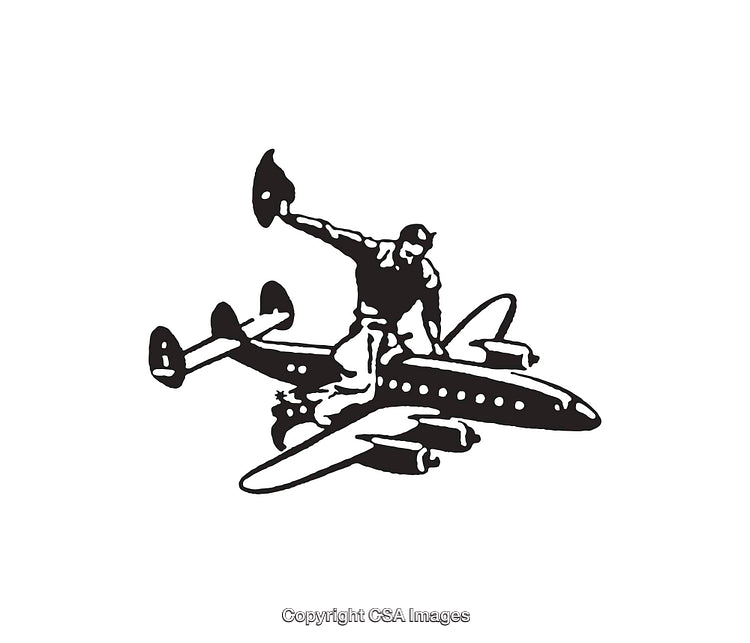 Retro Line Art Illustration of a Man Riding an Airplane