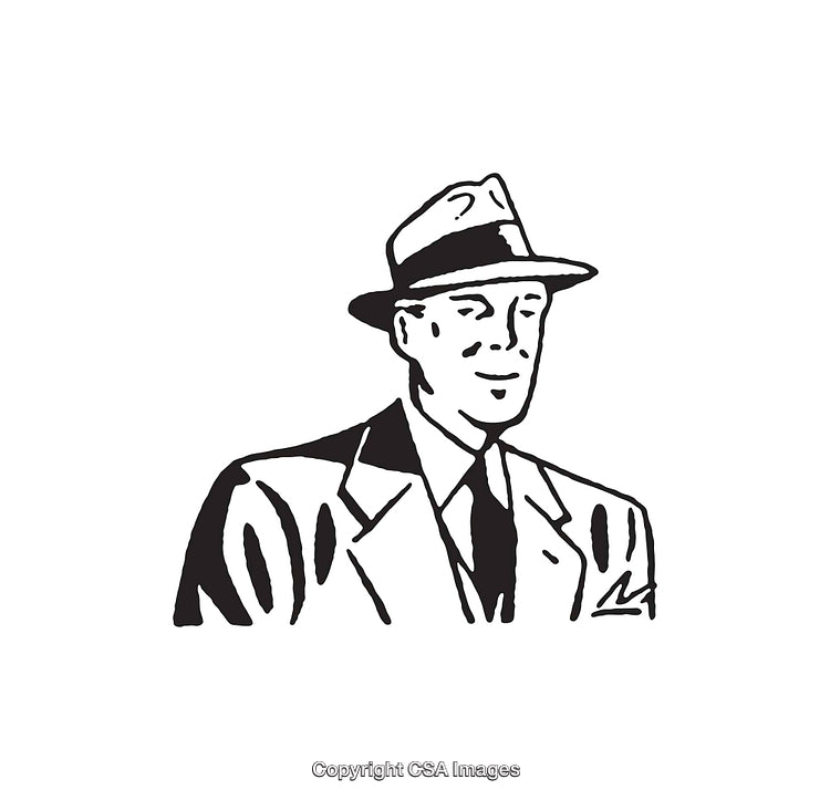 Retro Black and White Line Art of a Smiling Businessman in a Suit