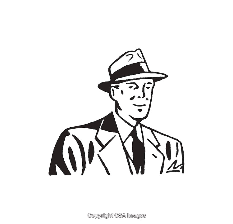 Retro Black and White Line Art of a Smiling Businessman in a Suit