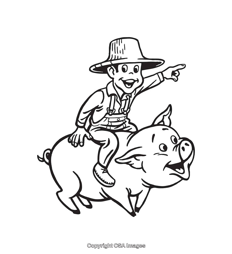 Cartoon Farmer Riding a Happy Pig in Line Art Style
