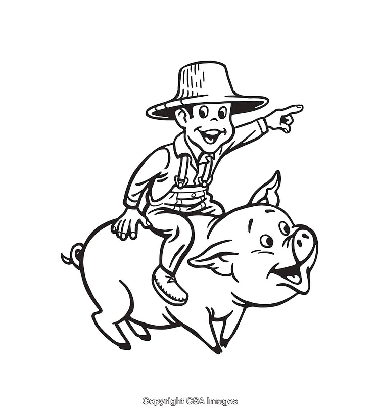 Cartoon Farmer Riding a Happy Pig in Line Art Style