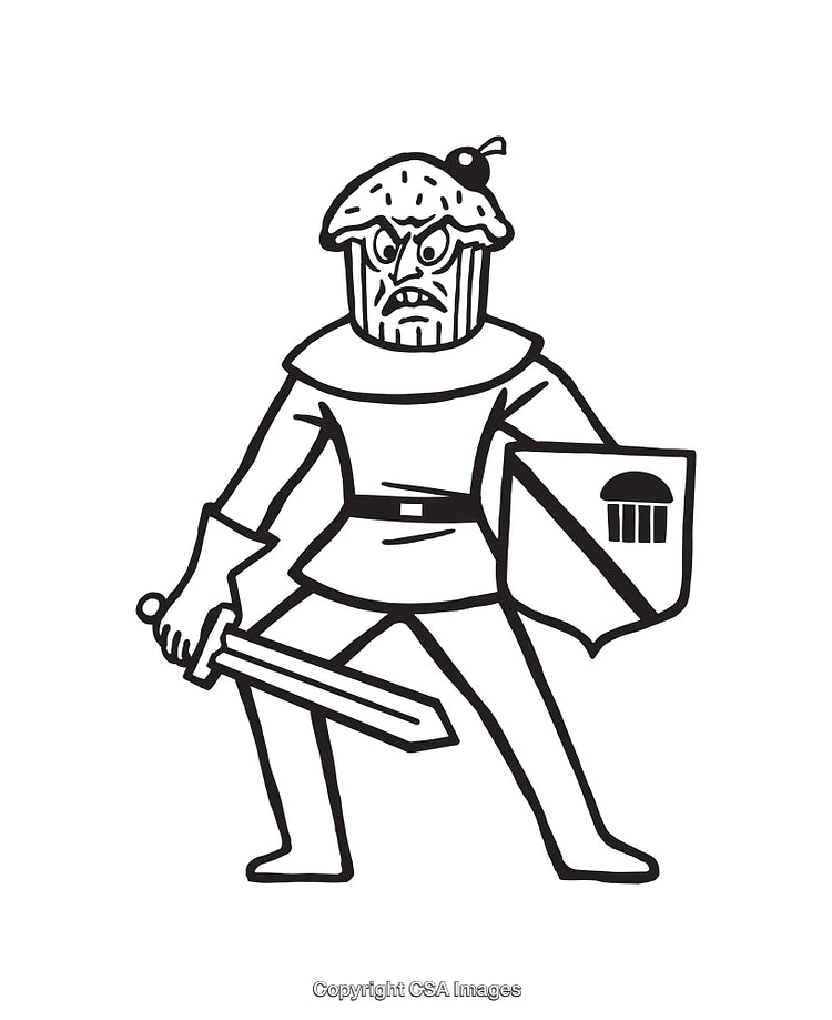Black and White Line Art Illustration of a Warrior Cupcake Character