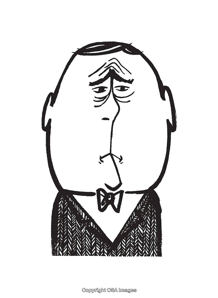 Black and White Cartoon Illustration of a Sad Gentleman Character