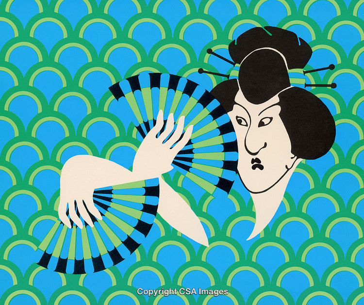 Stylized Traditional Art Featuring Woman with Fans Against Patterned Background