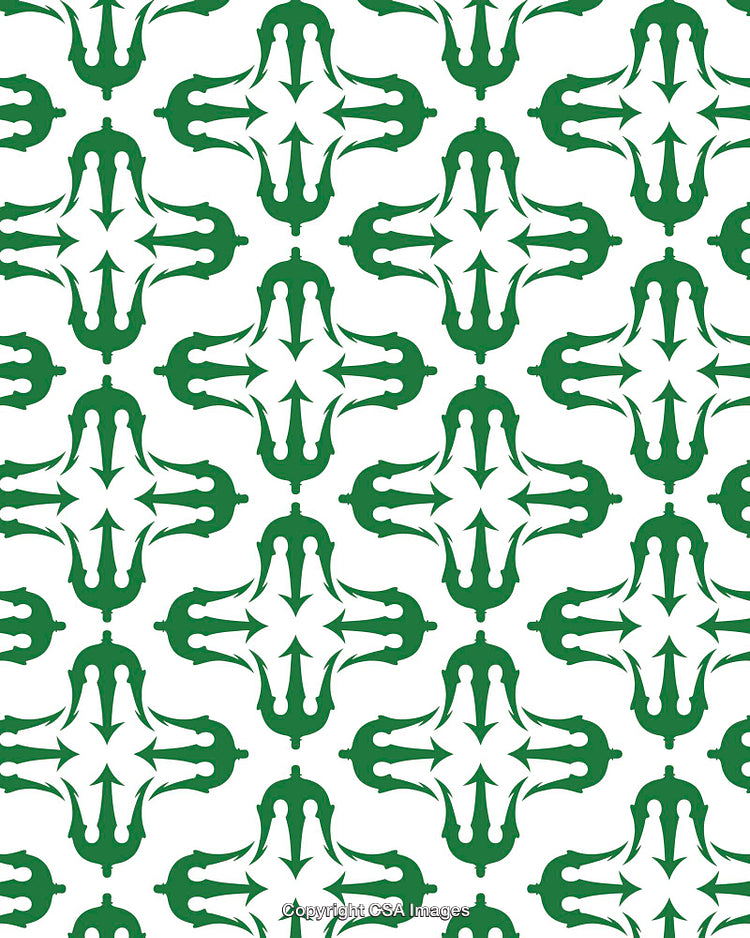 Green Ornamental Pattern With Repeated Decorative Symmetrical Elements on White