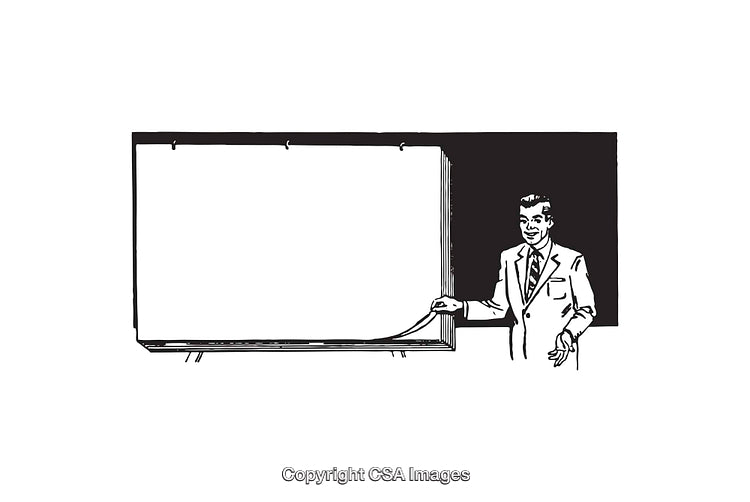 Retro Businessman Giving Presentation With Blank Chart in Vintage Illustration Style