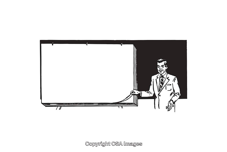 Retro Businessman Giving Presentation With Blank Chart in Vintage Illustration Style