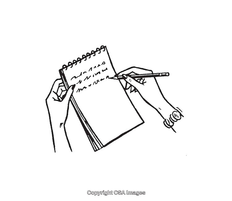 Black and White Drawing of Hands Writing on a Notepad Sketch