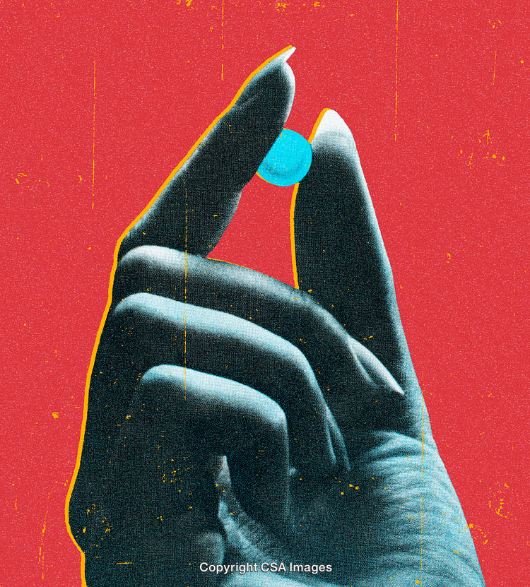 Abstract Artistic Hand Holding a Blue Pill Against Bold Red Background