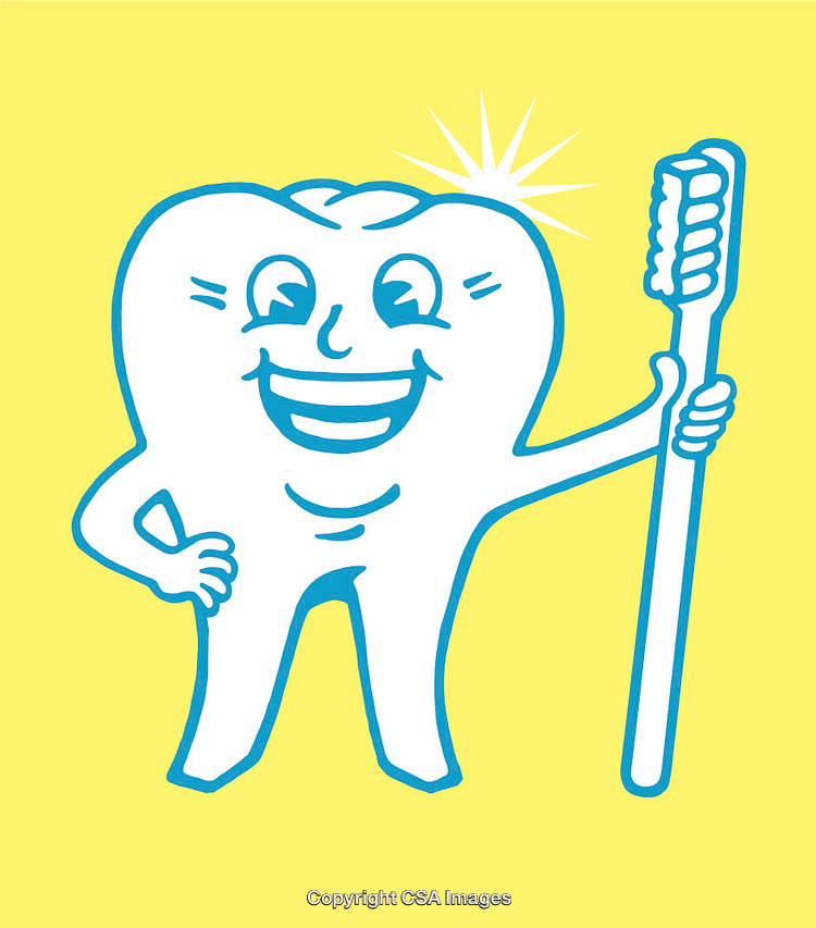 Smiling Tooth Cartoon Holding Toothbrush with Bright Yellow Background