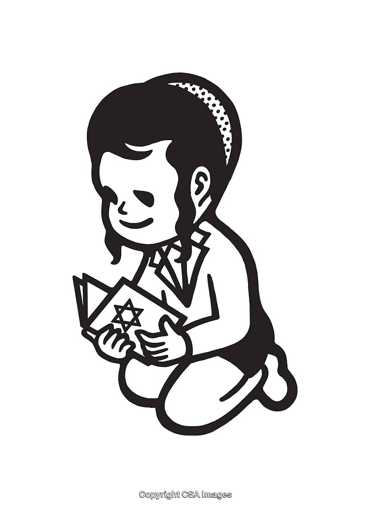 Black and White Illustration of a Child Reading a Religious Book
