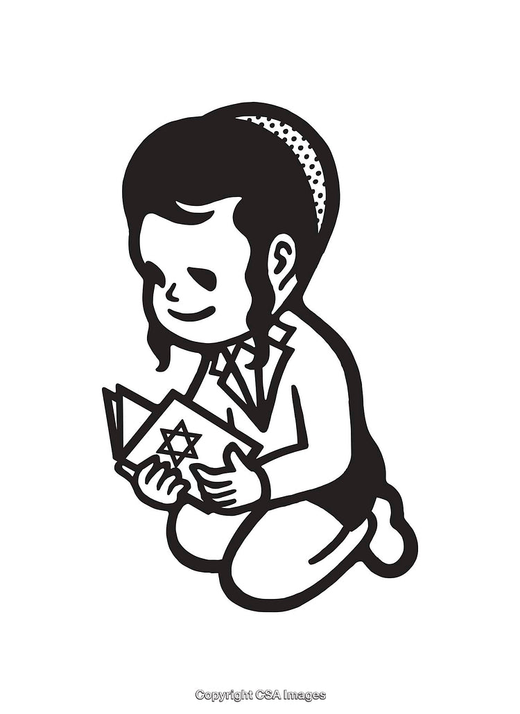 Black and White Illustration of a Child Reading a Religious Book