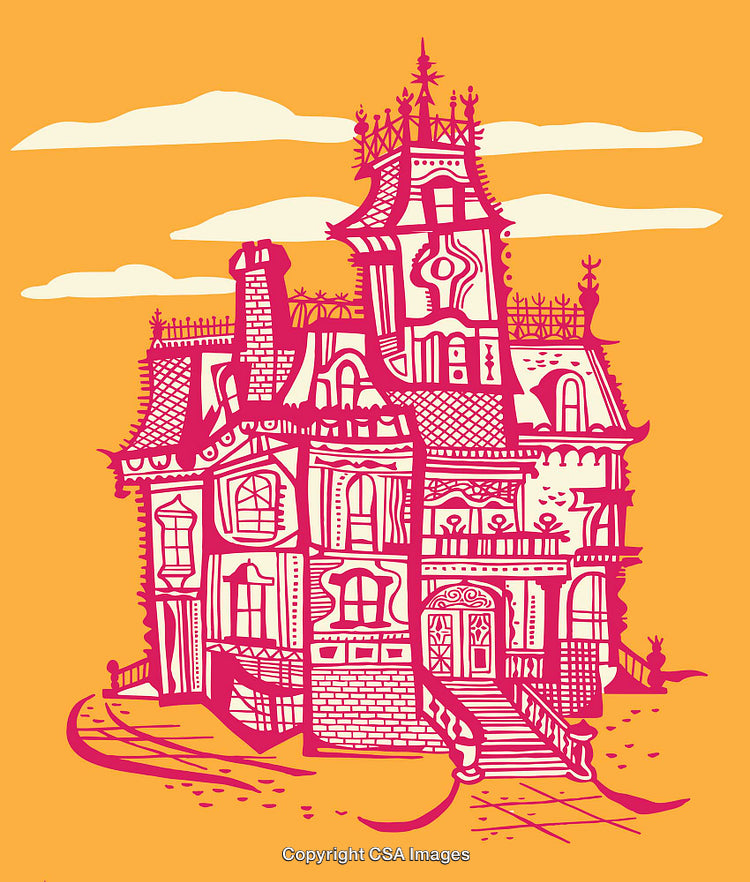 Vibrant Line Art of a Victorian House on a Bright Background