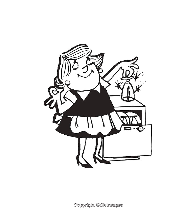 Retro Line Art Illustration of a Happy Homemaker Doing Household Chores