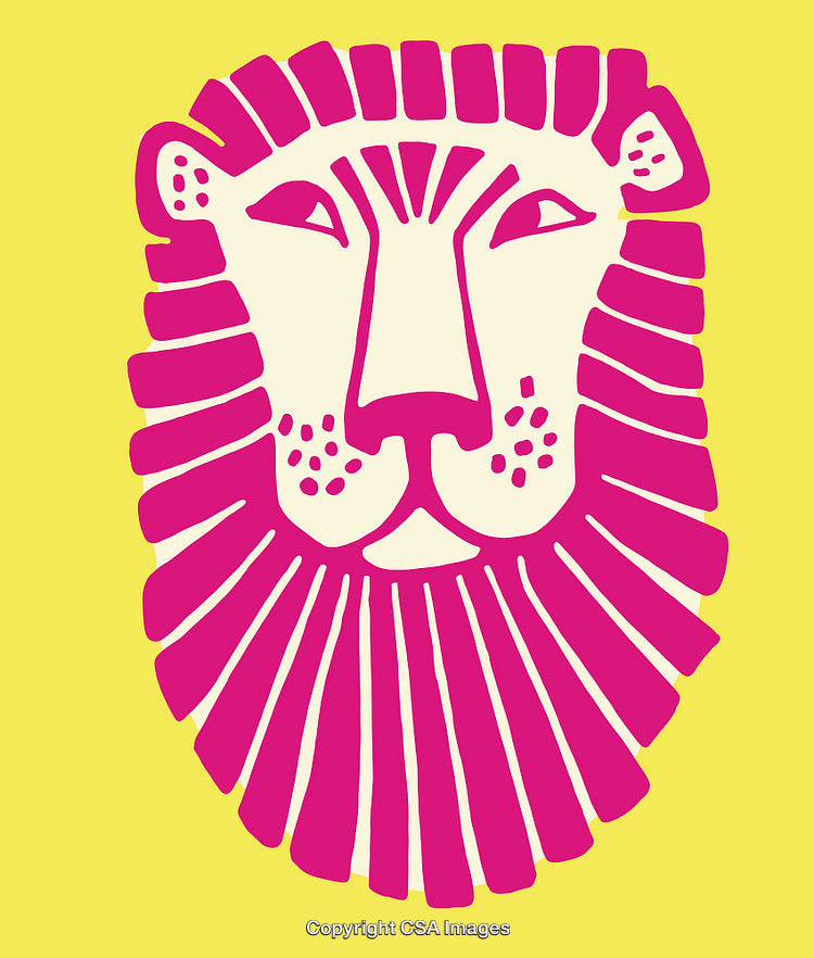Pink Lion Head Line Art Illustration with Bright Yellow Background