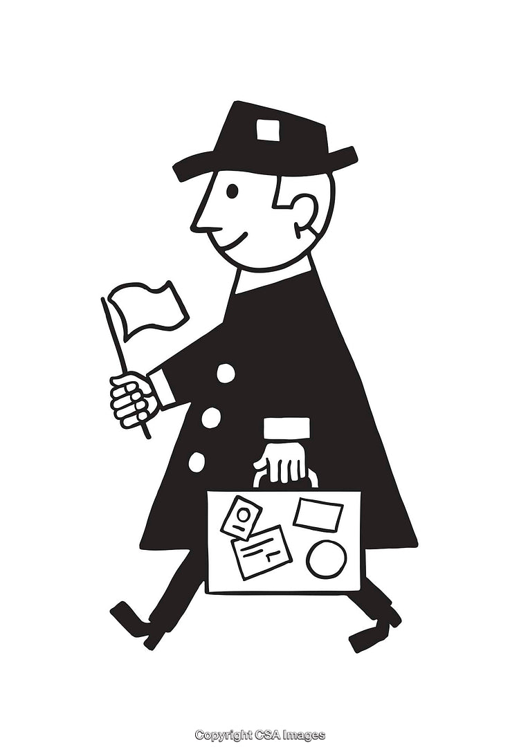 Black and White Line Art of a Traveler With Suitcase and Flag