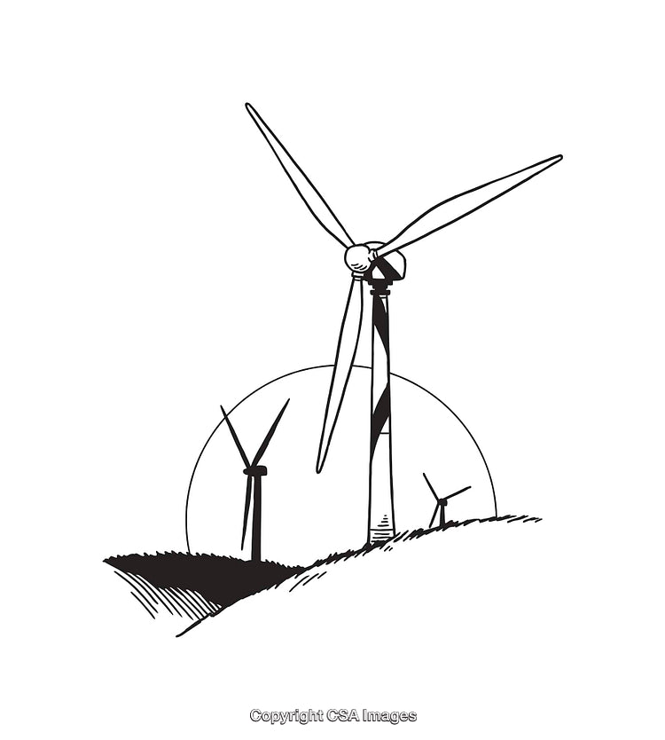 Black and White Line Art of Wind Turbines with Stylized Background