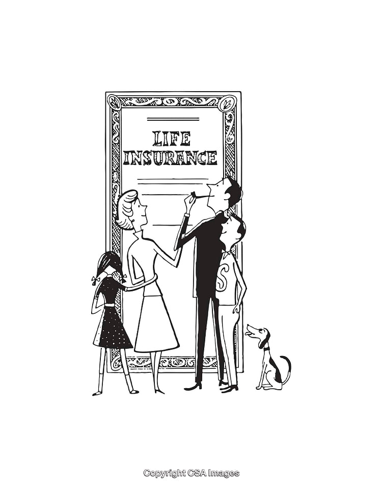 Black and White Line Art of Family with Life Insurance Document
