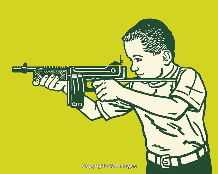Retro Styled Illustration of a Child Holding a Toy Rifle with Focus