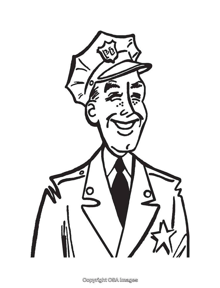 Black and White Line Art Illustration of a Smiling Police Officer