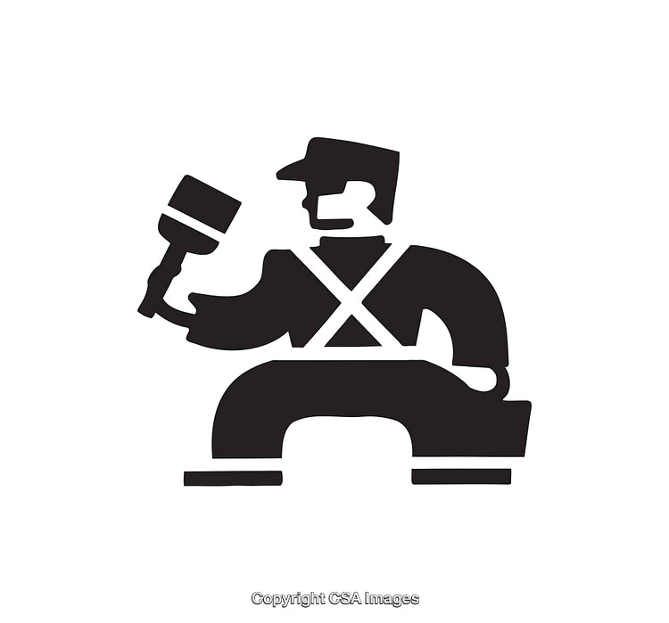 Black and White Illustration of Worker Holding a Large Hand Tool