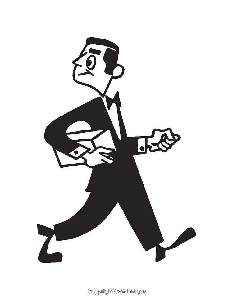 Retro Style Black and White Illustration of Running Man Holding Book