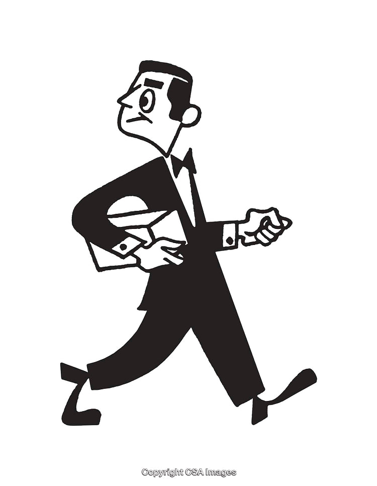 Retro Style Black and White Illustration of Running Man Holding Book