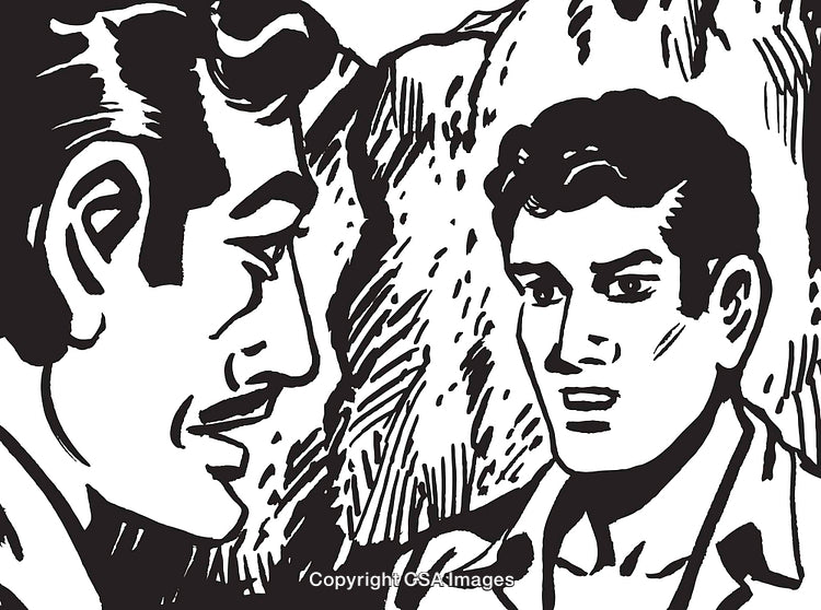 Vintage Comic Scene Depicting Two Characters in Intense Conversation
