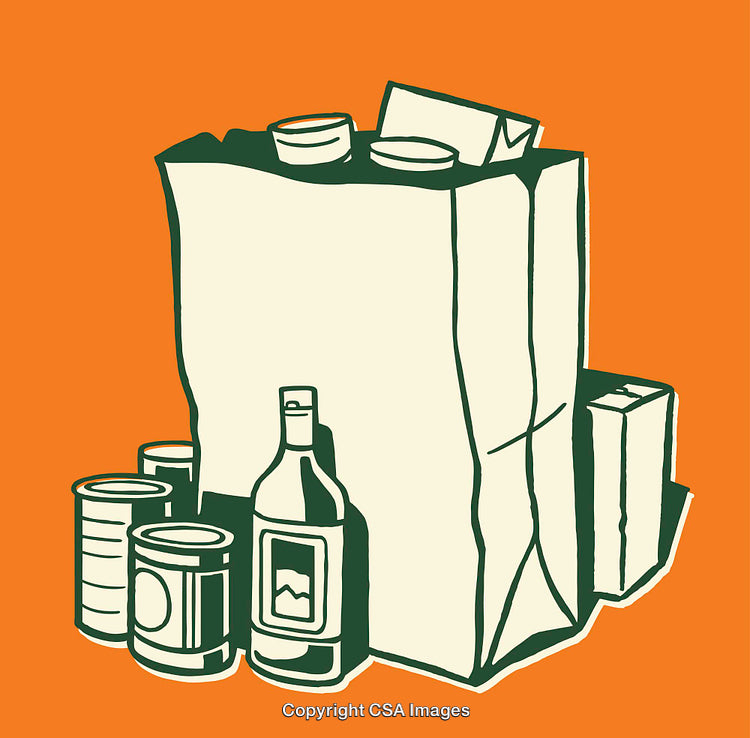 Groceries Packed in Paper Bags and Canned Goods Illustrated