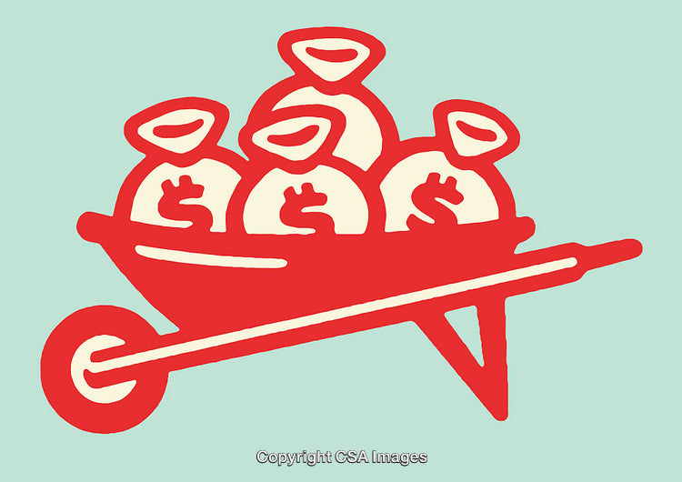 Illustration of Money Bags on a Wheelbarrow in Artistic Style
