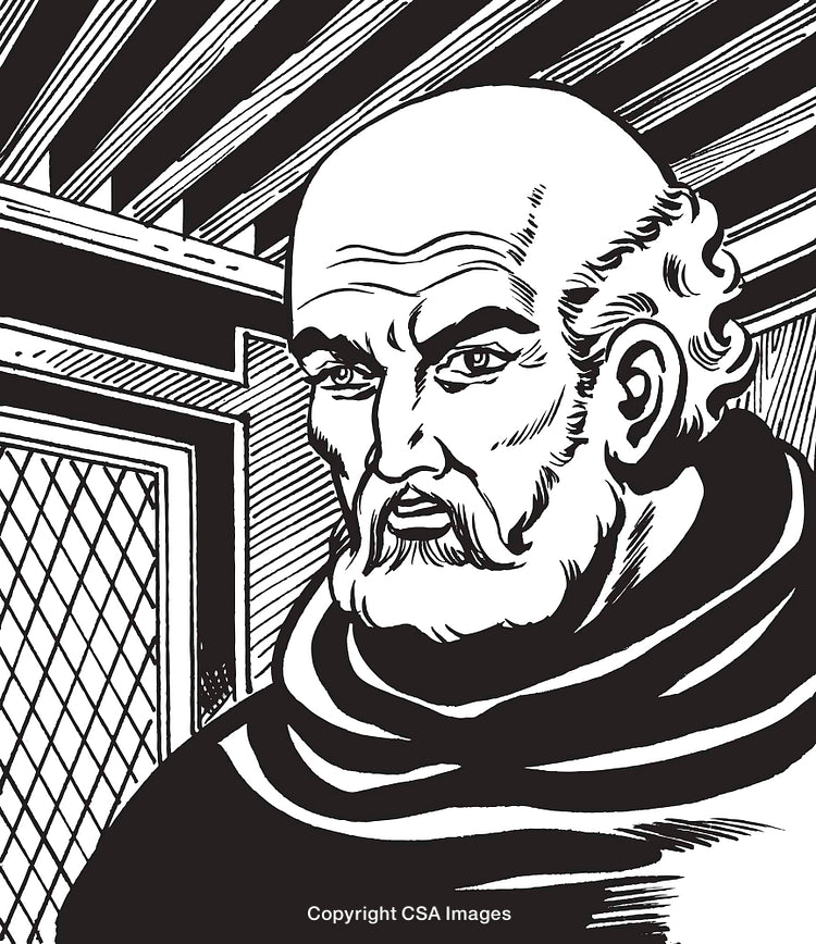 Black and White Illustration of a Character in Monastic Attire