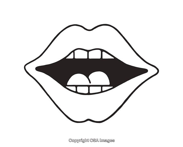 Minimalist Black and White Line Art of Open Lips and Teeth