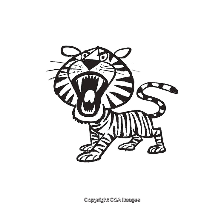 Black and White Line Illustration of a Fierce Tiger Roaring