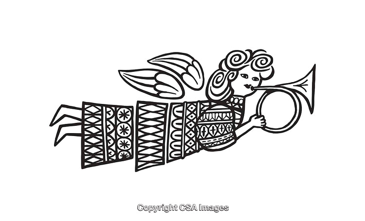 Black And White Line Art Depiction of Angel Playing Trumpet Illustration