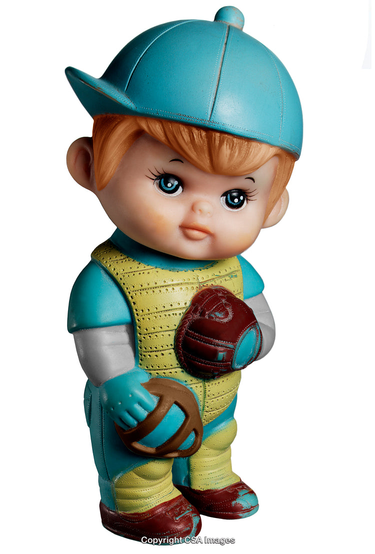 Vintage Plastic Toy of a Baseball Player with Gloves and Cap