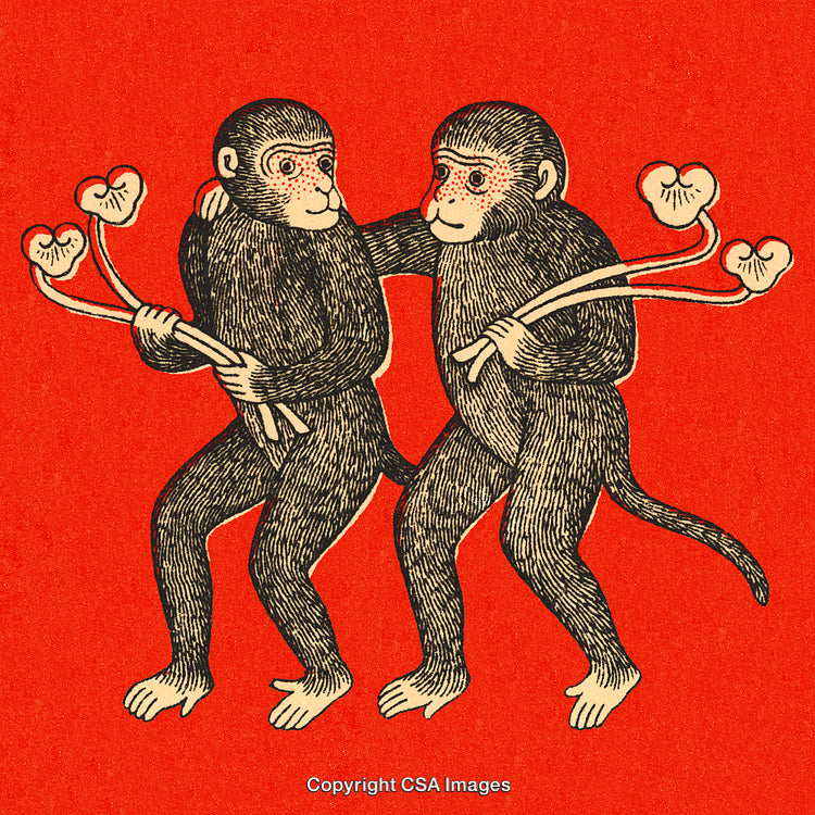 Artistic Illustration of Two Monkeys Holding Heart-Shaped Stems on Bright Red Background