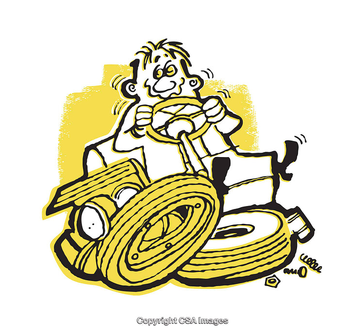Playful Cartoon Illustration of a Man Driving a Wheel Vehicle