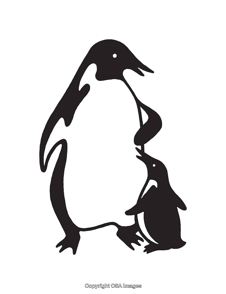 Parent and Child Penguins Illustrated in Black and White Line Art