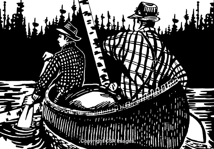 Vintage Black and White Engraving of Two Men Rowing a Canoe on a Lake