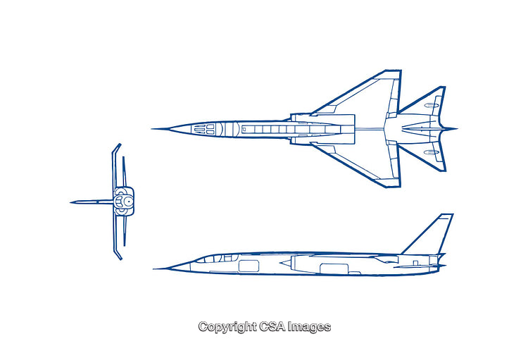 Aircraft Diagram Featuring Top, Front, and Side Views of a Jet