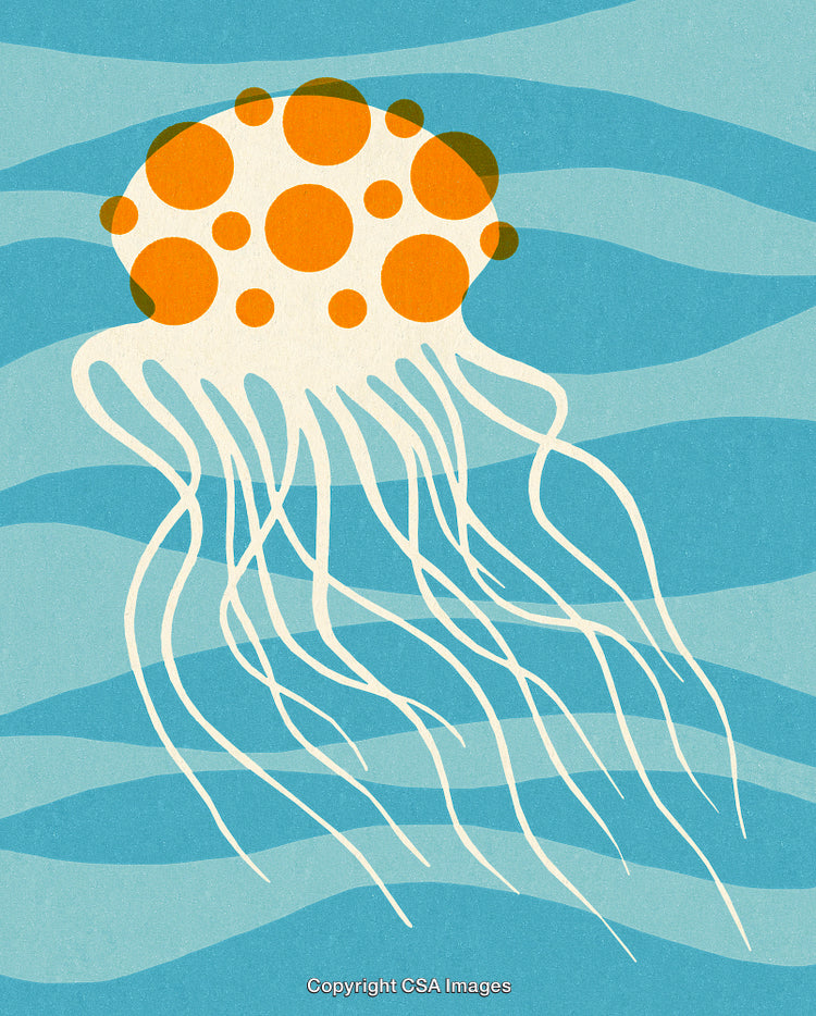 Stylized Jellyfish Illustration With Blue Background and Wavy Patterns