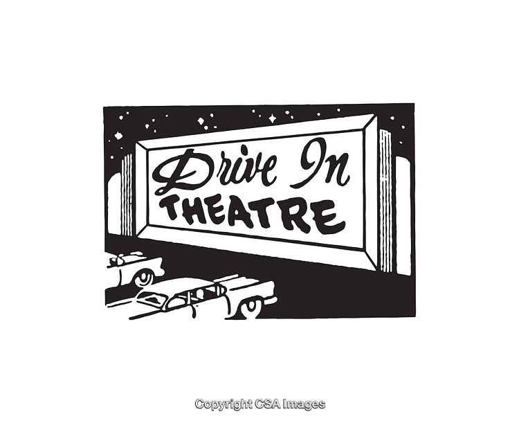 Retro Drive-In Theatre Sign with Vintage Cars Illustration in Black and White
